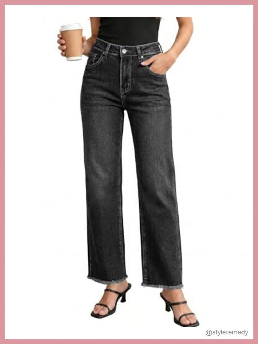 High Waisted Stretchy Frayed Raw Hem Straight Leg Denim Pants